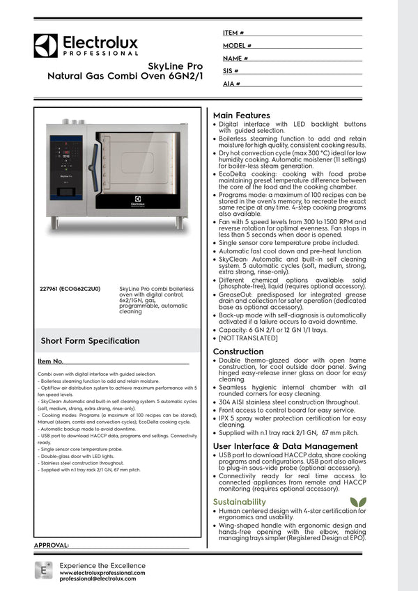 Electrolux Professional SkyLine Pro ECOG62C2U0 - 6 x 2/1GN Gas Direct Steam Combi Oven with Digital Controls