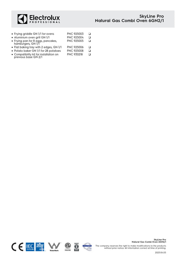 Electrolux Professional SkyLine Pro ECOG62C2U0 - 6 x 2/1GN Gas Direct Steam Combi Oven with Digital Controls