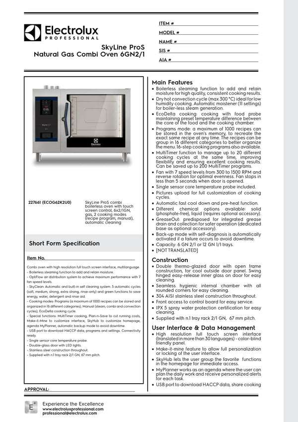 Electrolux Professional SkyLine ProS ECOG62K2U0 - 6 x 2/1GN Gas Direct Steam Combi Oven with Touch Controls