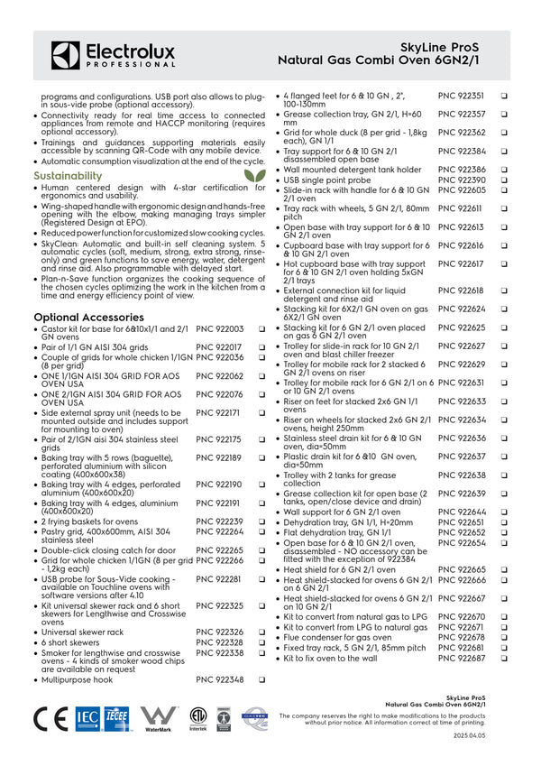 Electrolux Professional SkyLine ProS ECOG62K2U0 - 6 x 2/1GN Gas Direct Steam Combi Oven with Touch Controls
