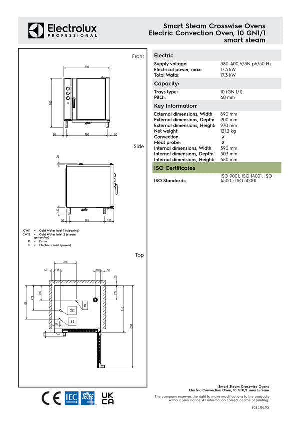 Electrolux Professional CROSSWISE EFCE11SSDS - 10 x 1/1GN Electric Convention Oven with Smart Steam