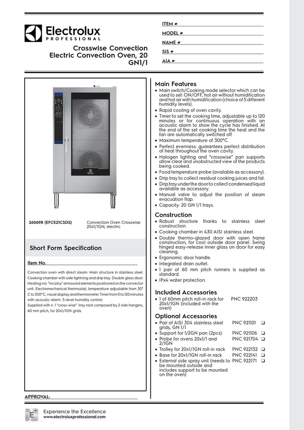Electrolux Professional CROSSWISE EFCE21CSDS - 20 x 1/1GN Electric Convention Oven