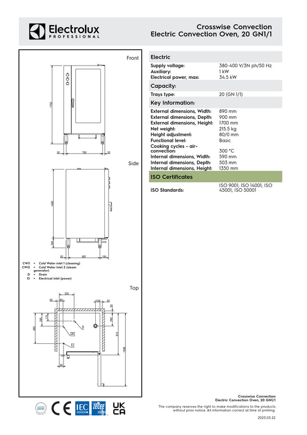Electrolux Professional CROSSWISE EFCE21CSDS - 20 x 1/1GN Electric Convention Oven