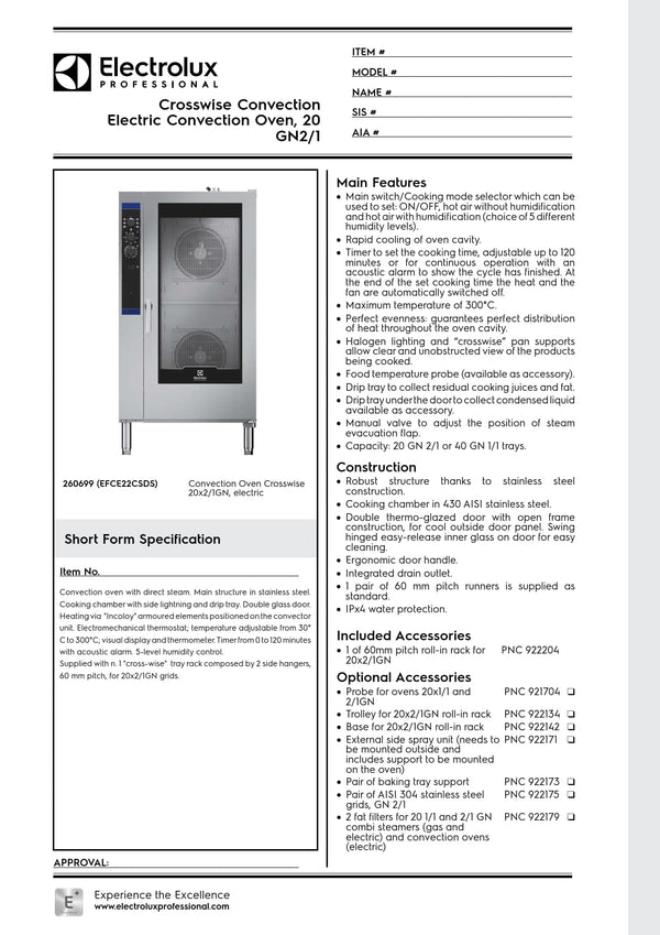 Electrolux Professional CROSSWISE EFCE22CSDS - 20 x 2/1GN Electric Convention Oven