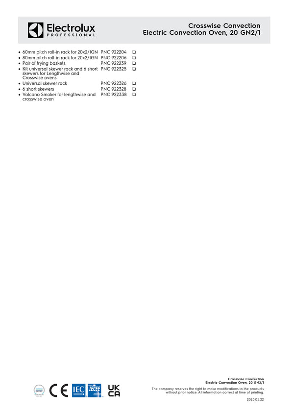 Electrolux Professional CROSSWISE EFCE22CSDS - 20 x 2/1GN Electric Convention Oven