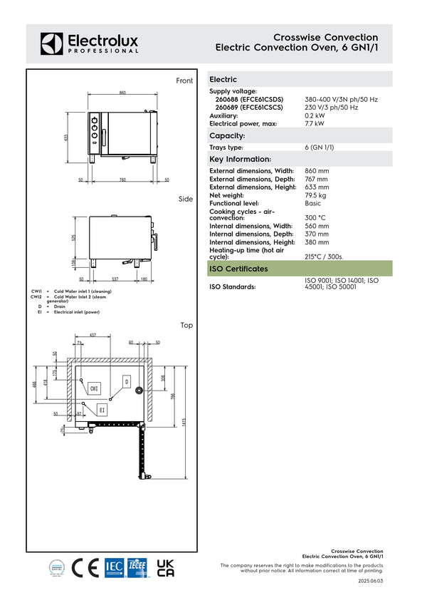 Electrolux Professional CROSSWISE EFCE61CSDS - 6 x 1/1GN Electric Convention Oven