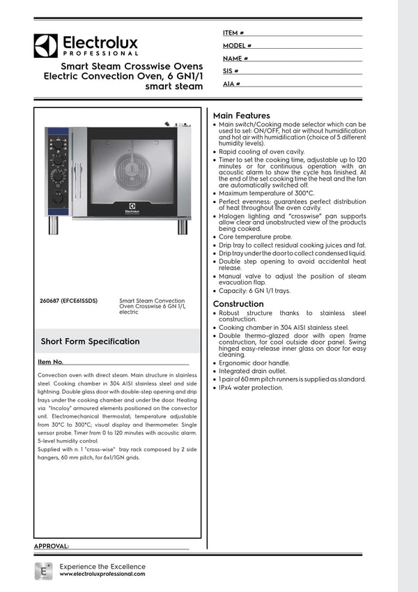 Electrolux Professional CROSSWISE EFCE61SSDS - 6 x 1/1GN Electric Convention Oven with Smart Steam