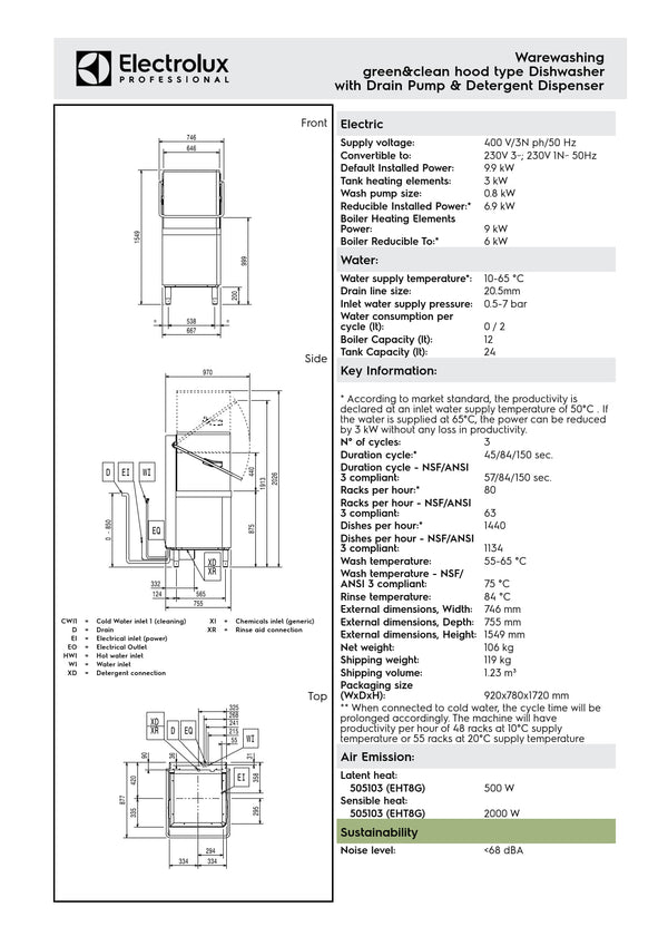 Electrolux Professional green&clean EHT8G - Hood Type Dishwasher