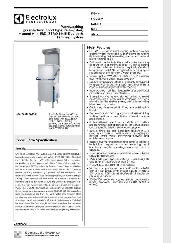 Electrolux Professional green&clean EHT8IELG - Hood Type Dishwasher