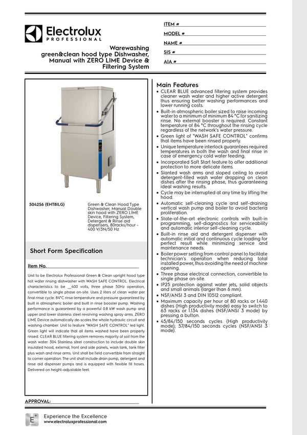 Electrolux Professional green&clean EHT8ILG - Hood Type Dishwasher