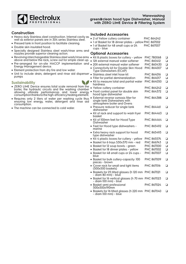 Electrolux Professional green&clean EHT8ILG - Hood Type Dishwasher