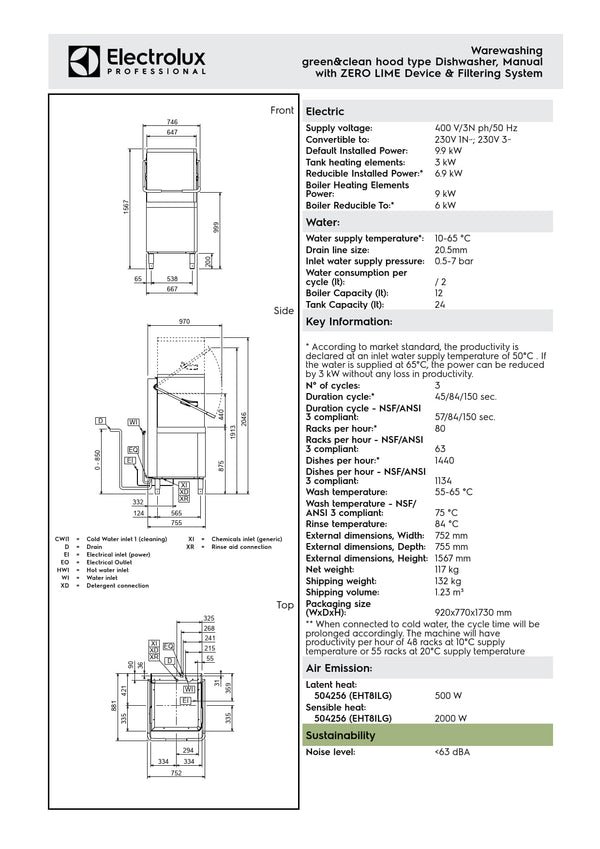 Electrolux Professional green&clean EHT8ILG - Hood Type Dishwasher