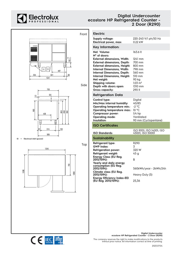 Electrolux Professional ecostore EJ2H7AA - Two Door Underbench Refrigerator