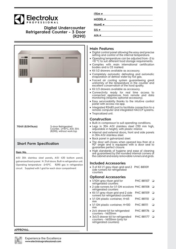 Electrolux Professional ecostore EJ3H7AAA- Three Door Underbench Refrigerator
