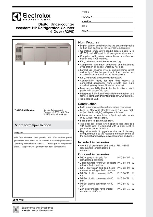 Electrolux Professional ecostore EJ4H7AAAA - Four Door Underbench Refrigerator