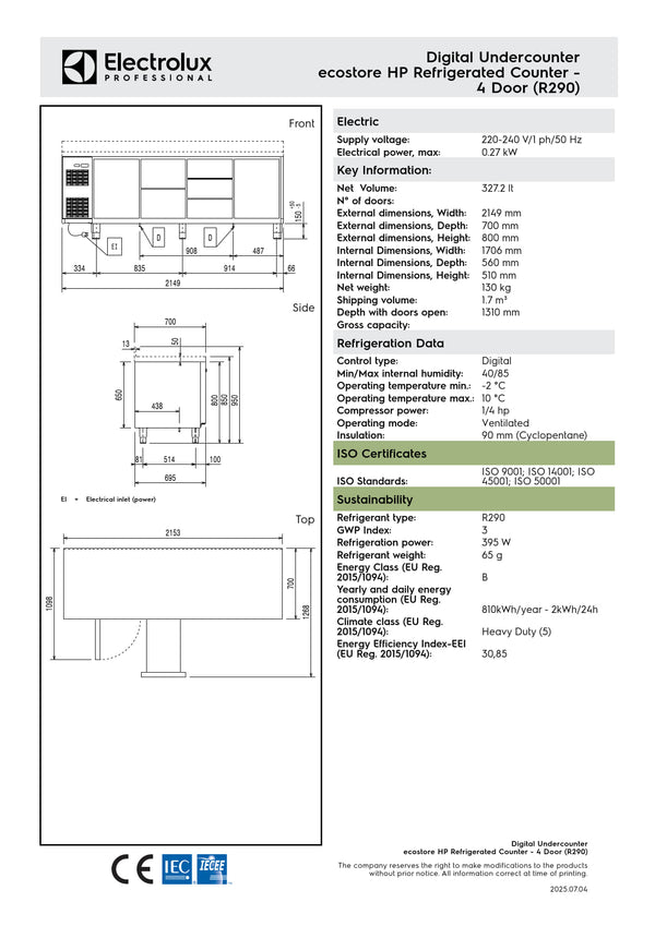 Electrolux Professional ecostore EJ4H7AAAA - Four Door Underbench Refrigerator