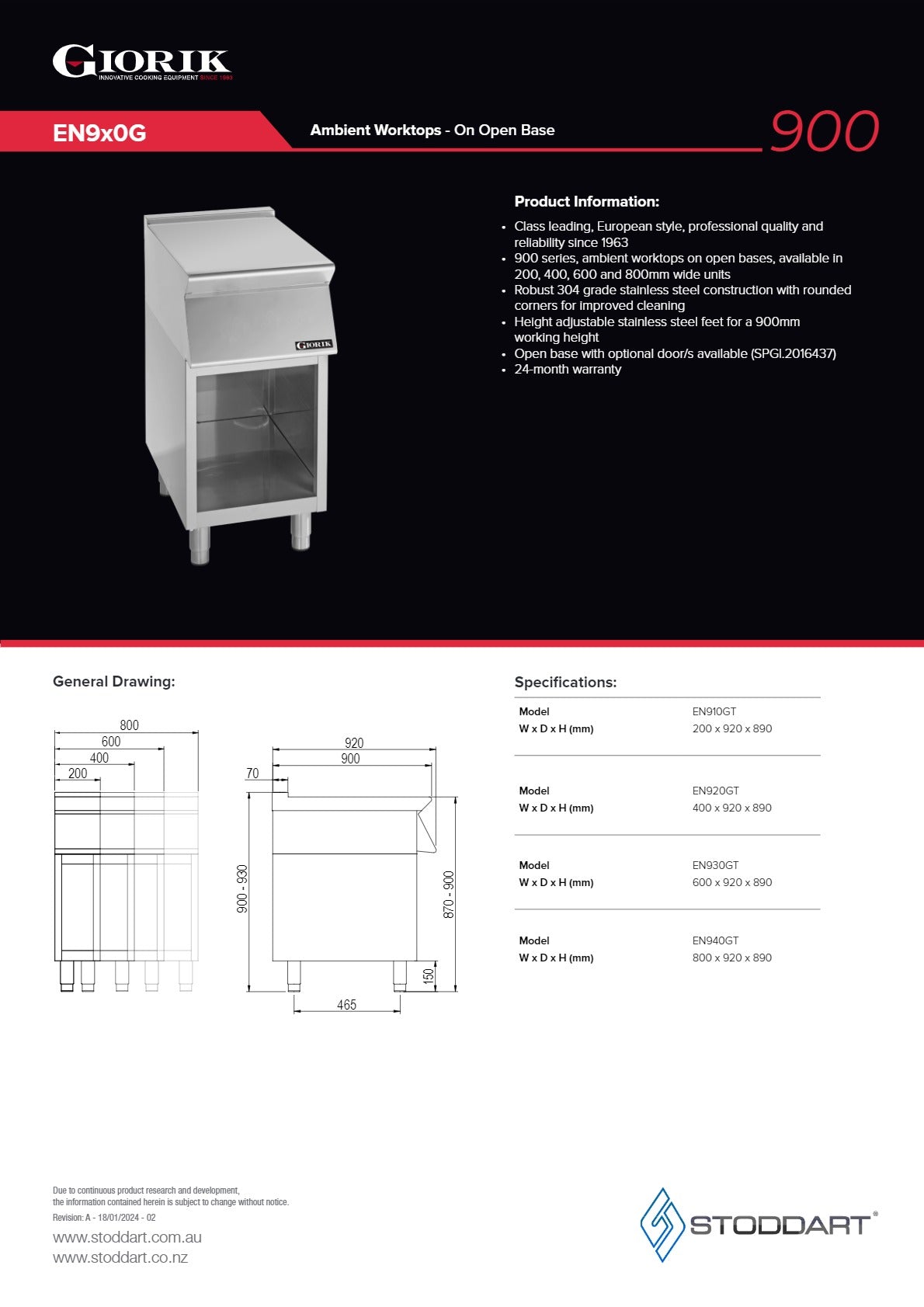 Giorik EN960G - Stainless Steel Work Top on Open Base