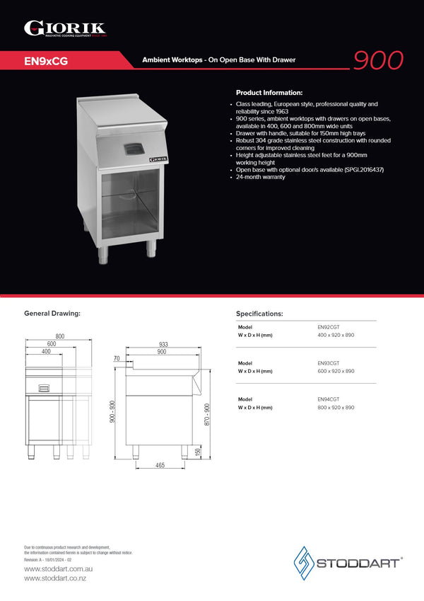 Giorik EN92CG - Stainless Steel Work Top with Drawer
