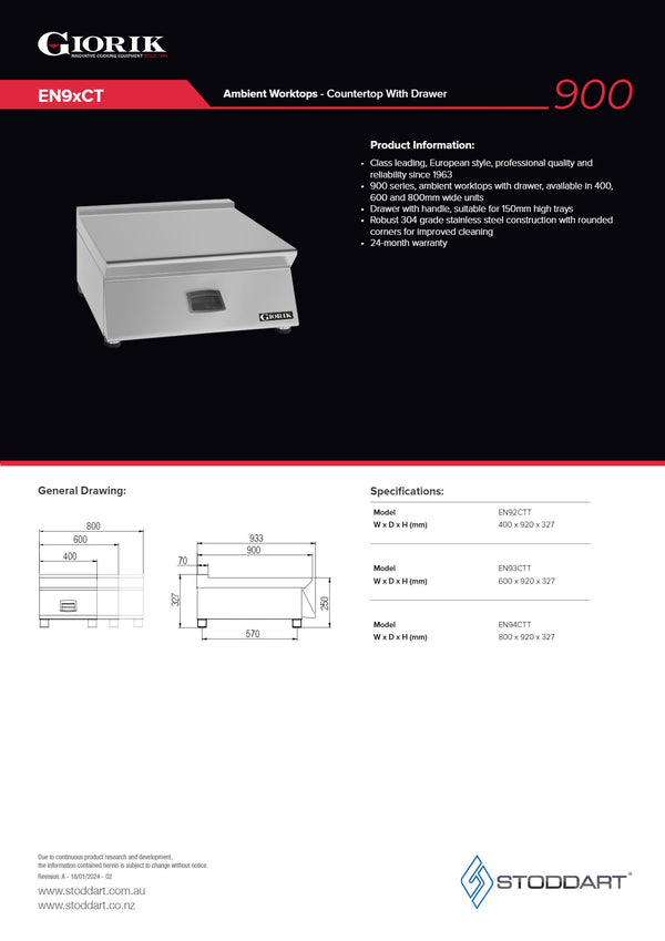 Giorik EN92CT - Stainless Steel Work Top with Drawer