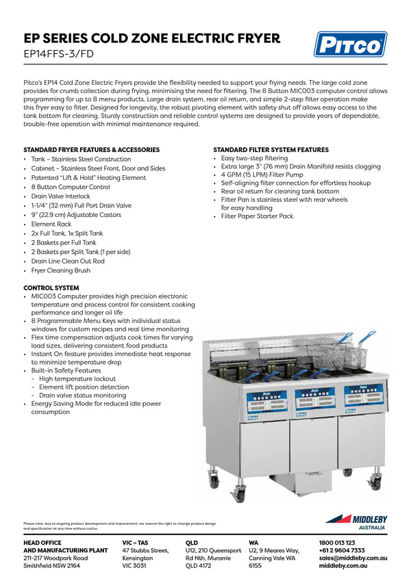 Pitco EP Series EP14FFS-3/FD - Cold Zone Fryer