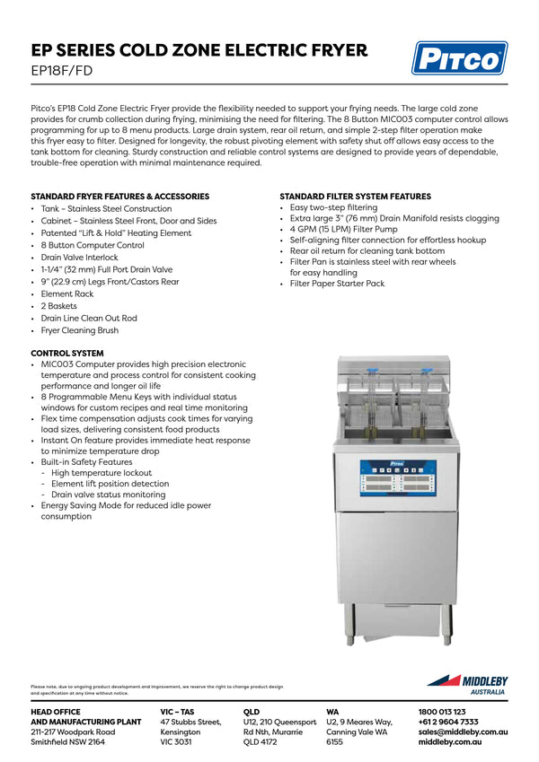 Pitco EP Series EP18F/FD - Cold Zone Fryer