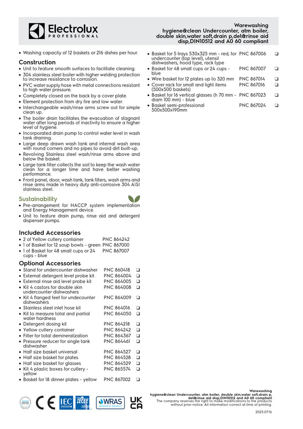 Electrolux Professional green&clean EUCA060WS - Undercounter Dishwasher