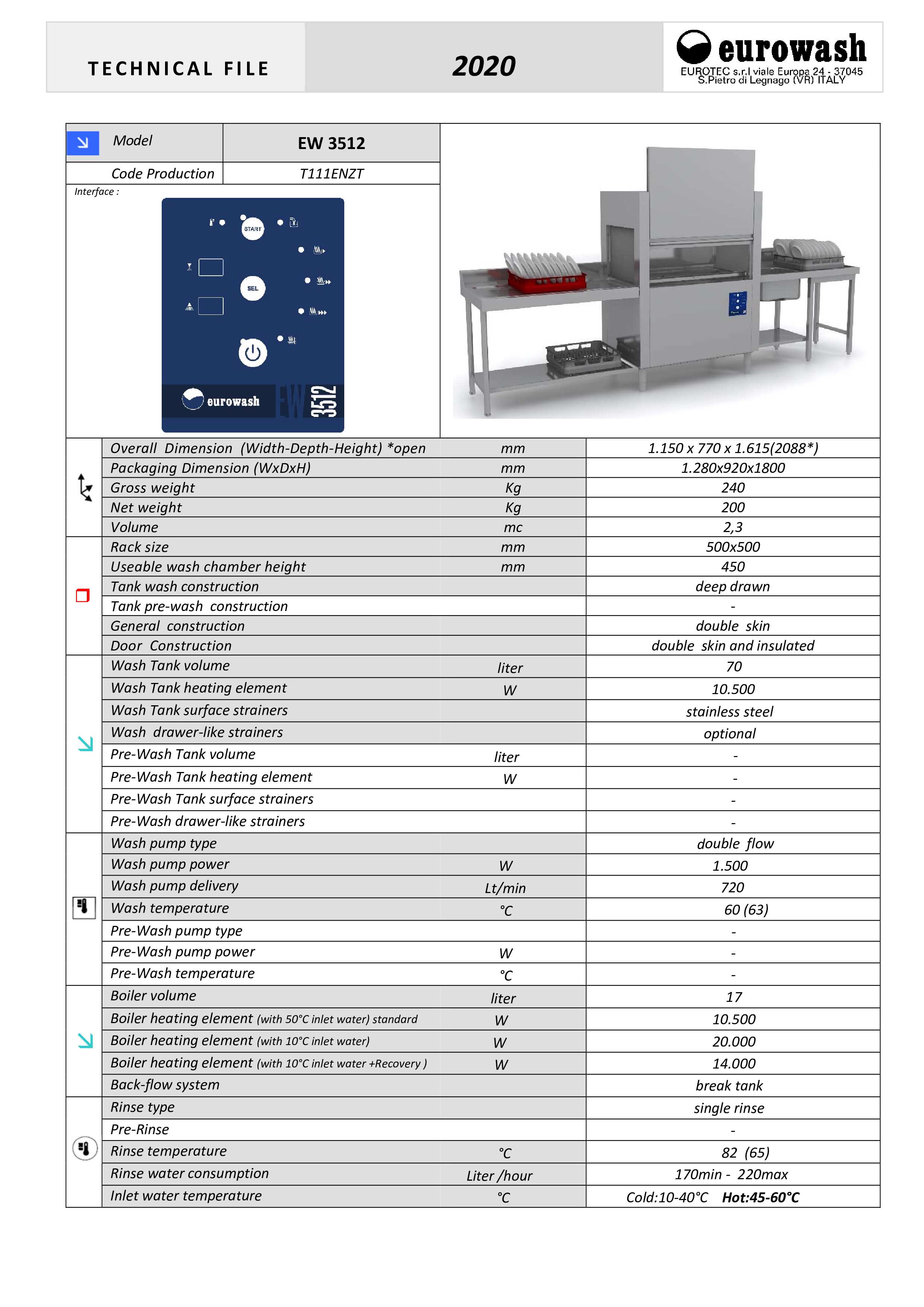 Eurowash EW3512 - Rack-Type Dishwasher