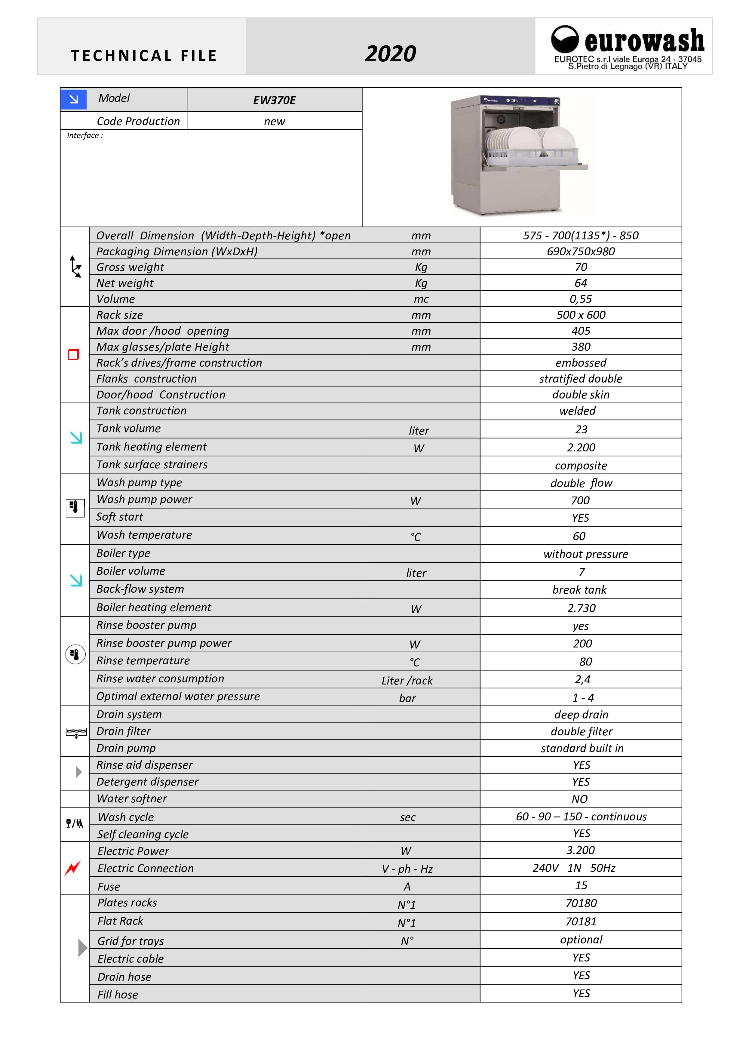 Eurowash E-Line EW370E - Undercounter Dishwasher