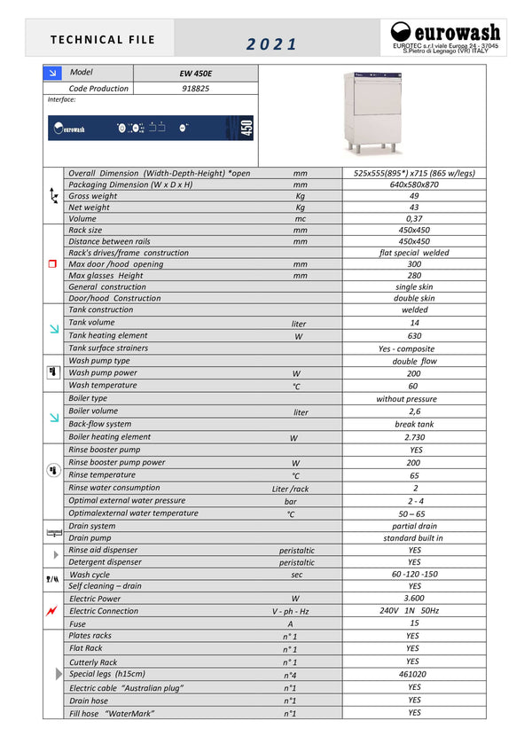 Eurowash E-Line EW450E - Undercounter Glasswasher/Dishwasher