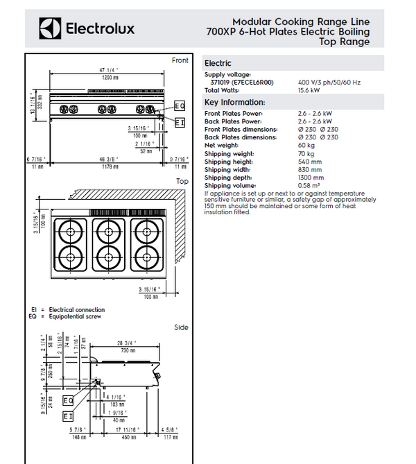Electrolux 371019/E7ECEL6R00 6 Hot Plates Electric Boiling Top