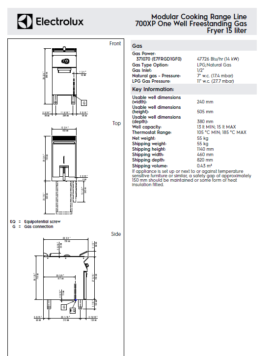 Electrolux E7FRGD1GF0 One Well Natural Gas Fryer