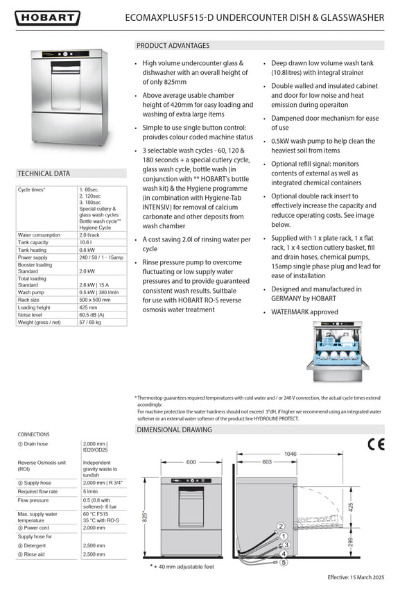 Hobart ECOMAX Plus F515-D - Under Bench Dishwasher