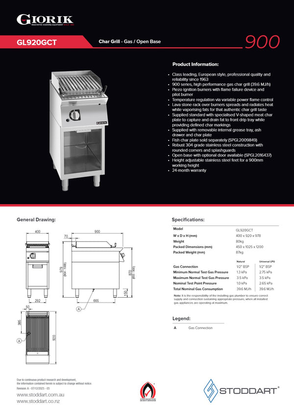 Giorik GL920GCT - Lava Stone Char Grill on Open Base