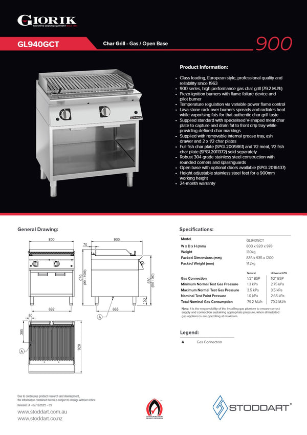 Giorik GL940GCT - Lava Stone Char Grill on Open Base