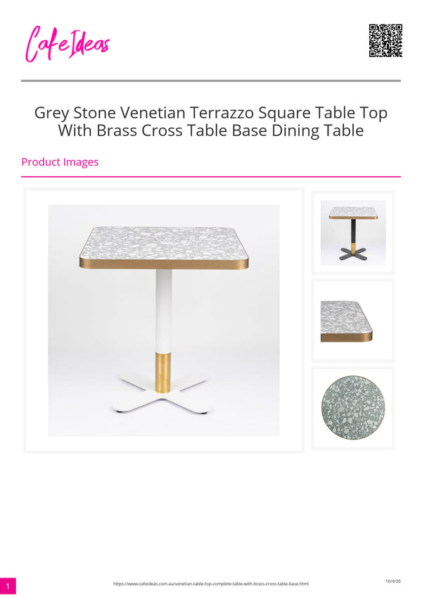 Grey Stone Venetian Terrazzo Square Table Top with Black Brass Cross Base