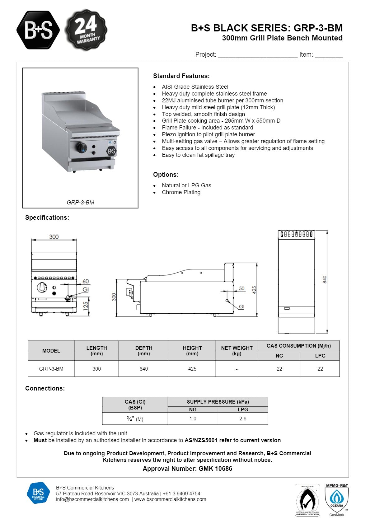 B+S Black GRP-3BM - Bench Mounted Grill Plate
