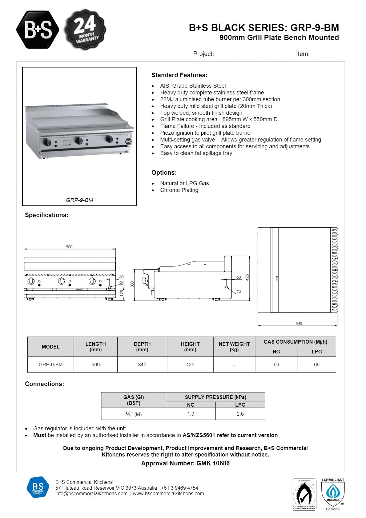 B+S Black GRP-9BM - Bench Mounted Grill Plate