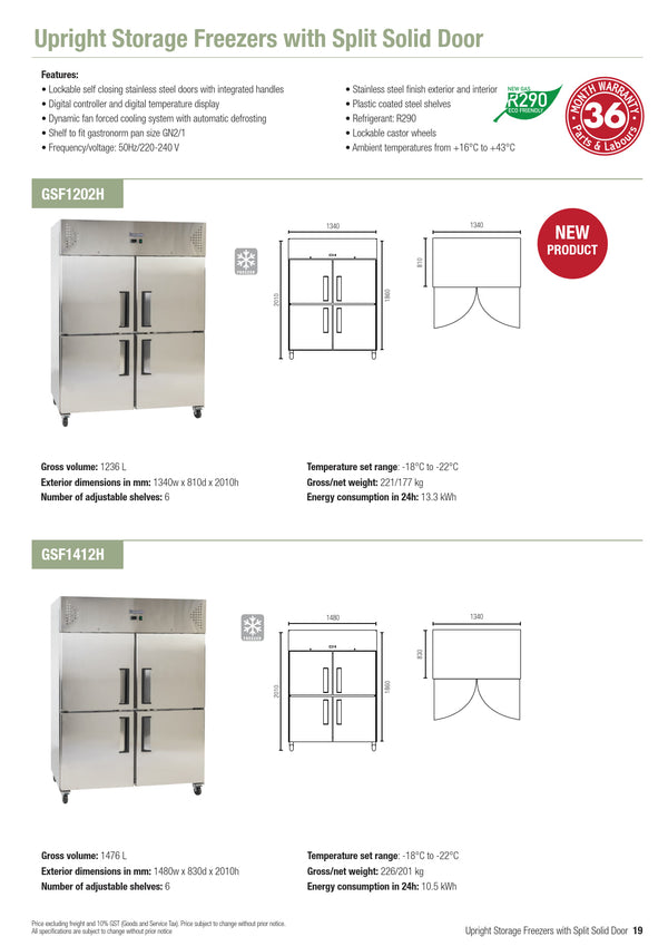 Exquisite GSF1202H - Two Split Solid Door Upright Freezer