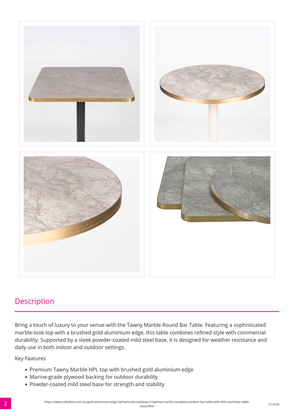 Gold Aluminium Edge HPL Laminate Tawny Marble Outdoor Bar Table - Black Base