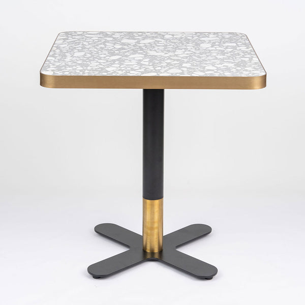 Grey Stone Venetian Terrazzo Square Table Top with Black Brass Cross Base
