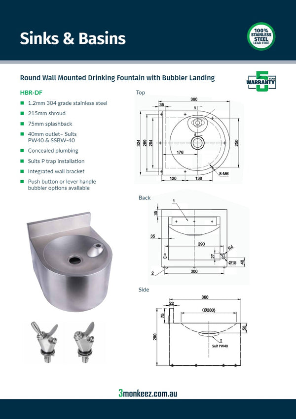 3Monkeez HBR-DF - Round Wall Mounted Drinking Fountain