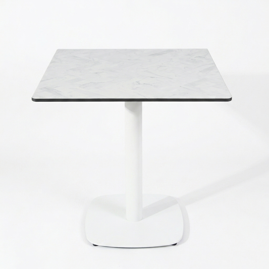 HPL Herringbone Calacatta Compact Laminate Table with White Cavallo Base