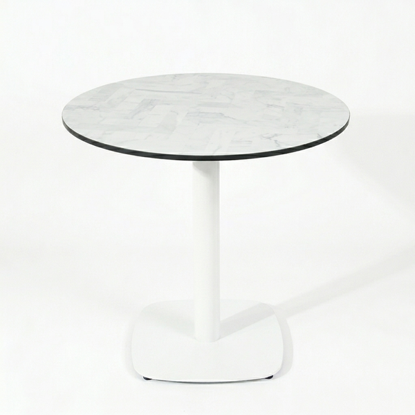 HPL Herringbone Calacatta Compact Laminate Table with White Cavallo Base
