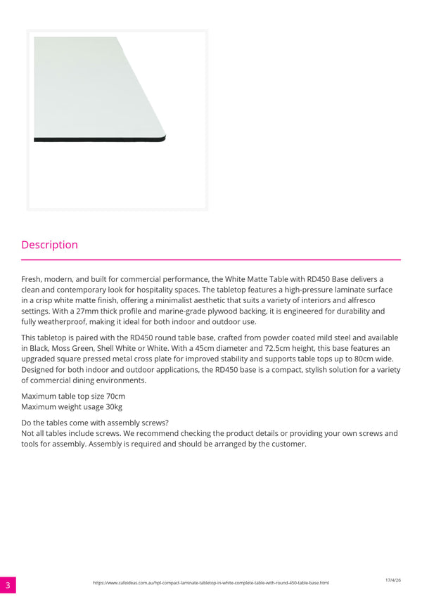 HPL Compact Laminate Tabletop with Round 450 Base White