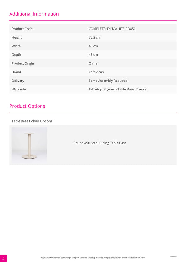HPL Compact Laminate Tabletop with Round 450 Base White