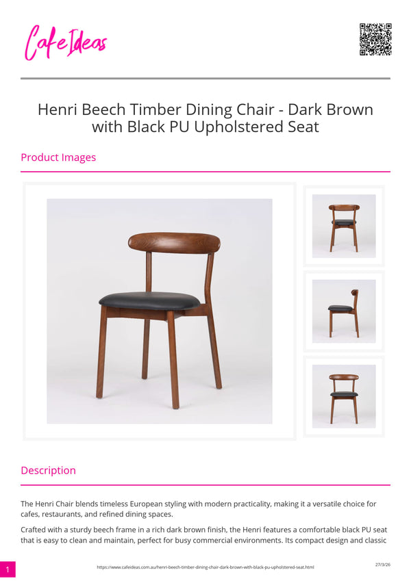 Henri Beech Timber Dining Chair - Dark Brown with Black PU Upholstered Seat