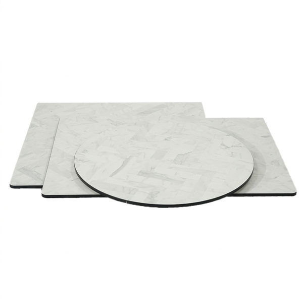 HPL Herringbone Calacatta Compact Laminate Table with White Cavallo Base