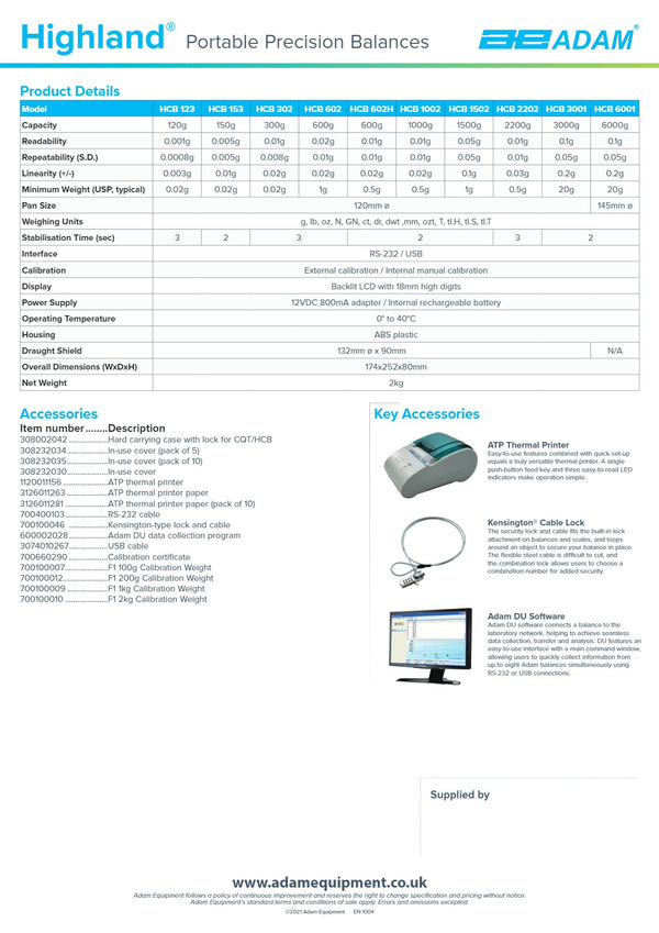 Adam Equipment Highland HCB 3001 - Portable Precision Balance