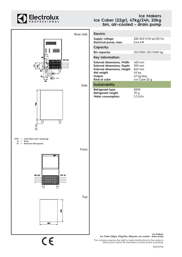 Electrolux Professional ICB47I20SDP - 47kg Self Contained Ice Machine with Drain Pump