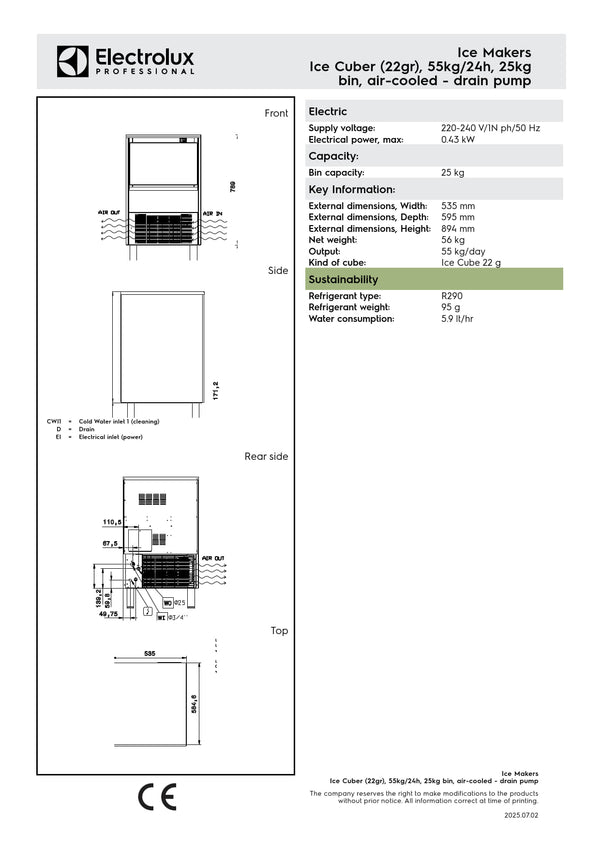 Electrolux Professional ICB55I25SDP - 55kg Self Contained Ice Machine with Drain Pump